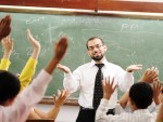 Interaction between teacher and children, funny class in school