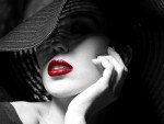 Mysterious woman in black hat. Red lips