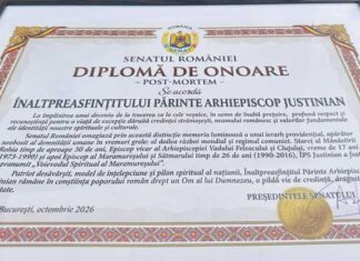 Plachetă și diplomă de onoare post-mortem pentru arhiepiscopul Justinian Chira, de la Senatul României